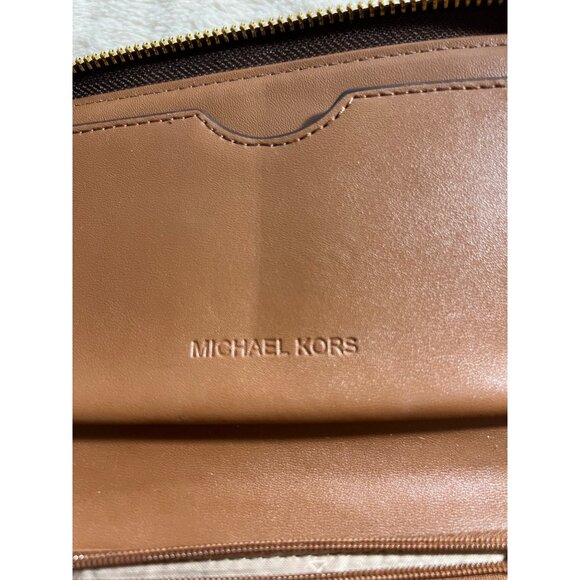 Michael Kors Jet Set Logo Brown & Gold Zip-Around Wristlet Wallet For Women - Picture 7 of 11
